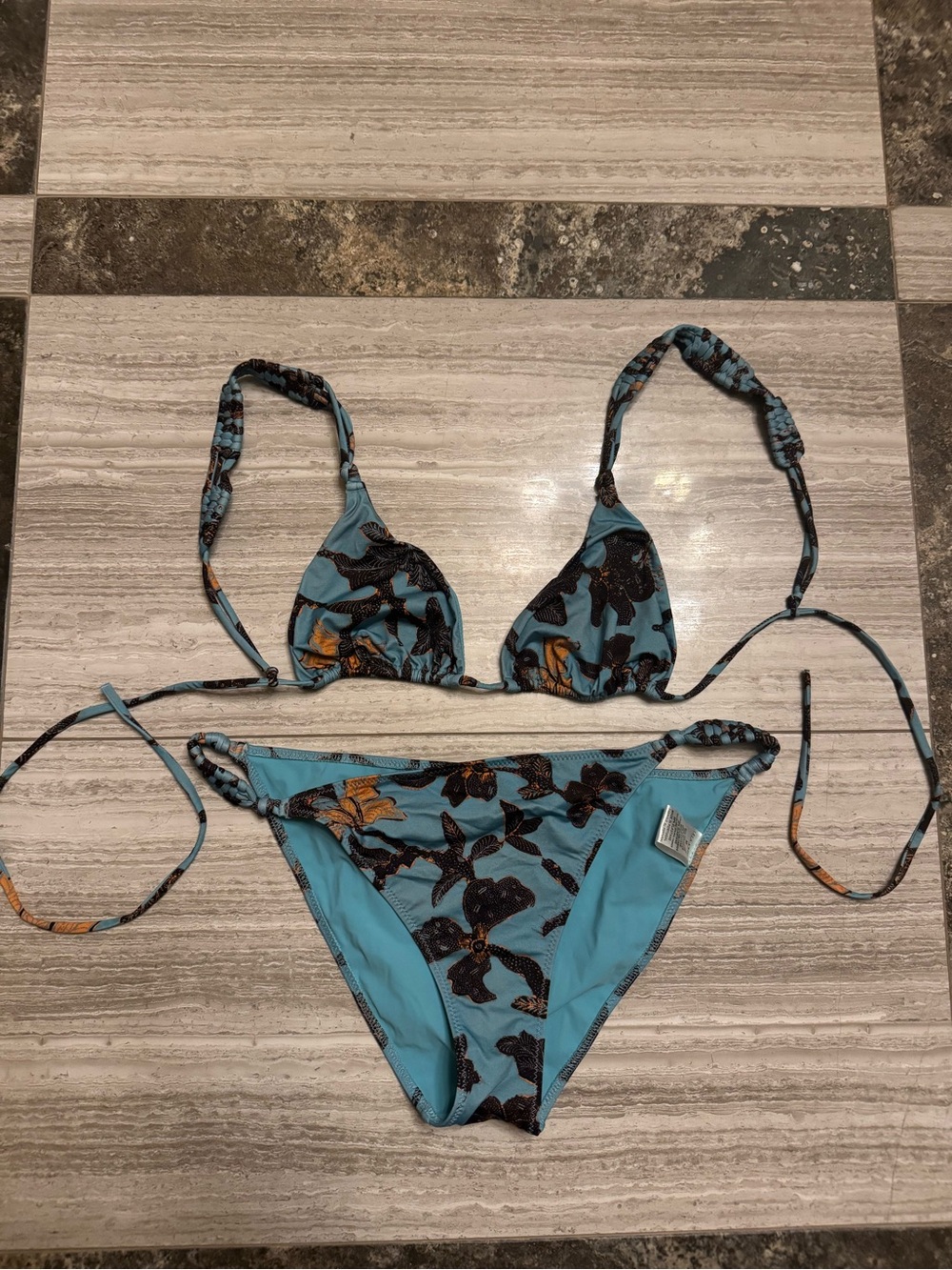 Ulla Johnson Blue Floral Tie Triangle Bikini Set